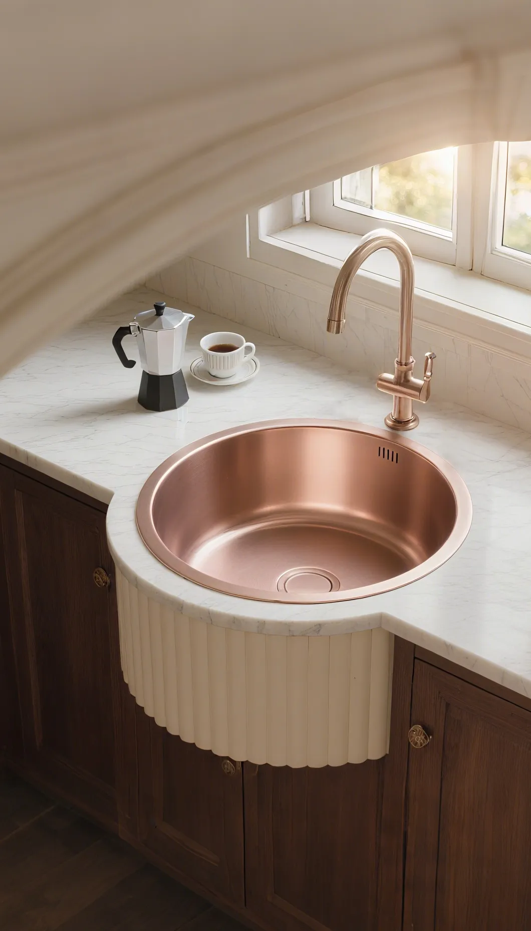 Modern kitchen with rectangular stainless steel sink embedded in white countertop with wooden cabinets below, silver faucet, and kitchen items including plates and bottles